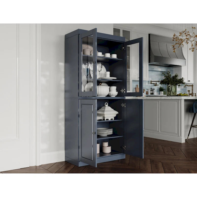 100% Solid Wood Pantry Cabinet with Frosted, Clear Glass or Solid Doors and Adjustable Shelves