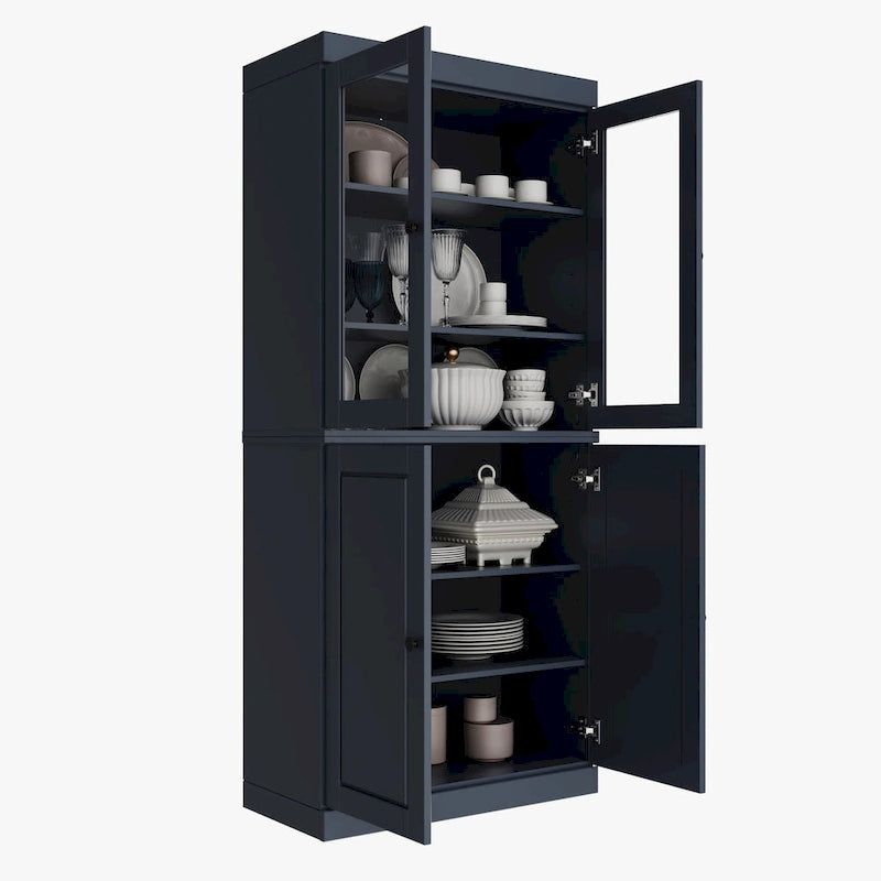 100% Solid Wood Pantry Cabinet with Frosted, Clear Glass or Solid Doors and Adjustable Shelves