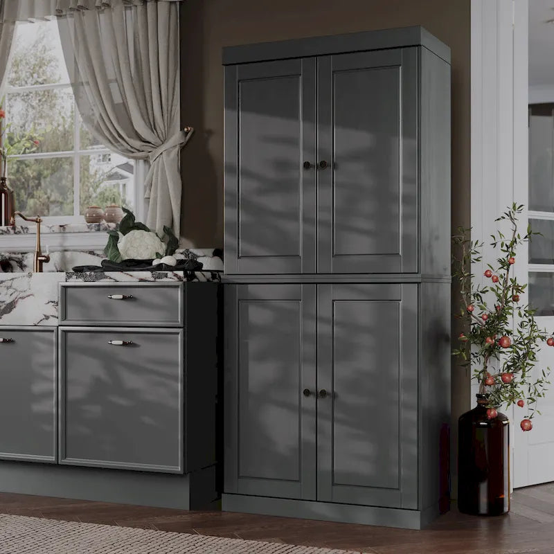 100% Solid Wood Pantry Cabinet with Frosted, Clear Glass or Solid Doors and Adjustable Shelves