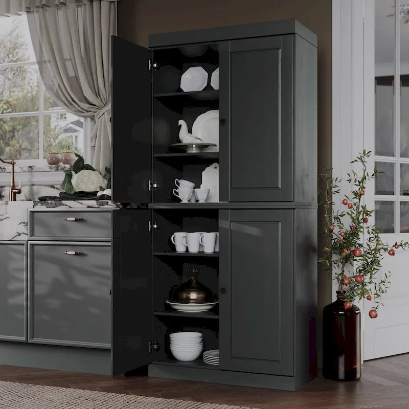 100% Solid Wood Pantry Cabinet with Frosted, Clear Glass or Solid Doors and Adjustable Shelves