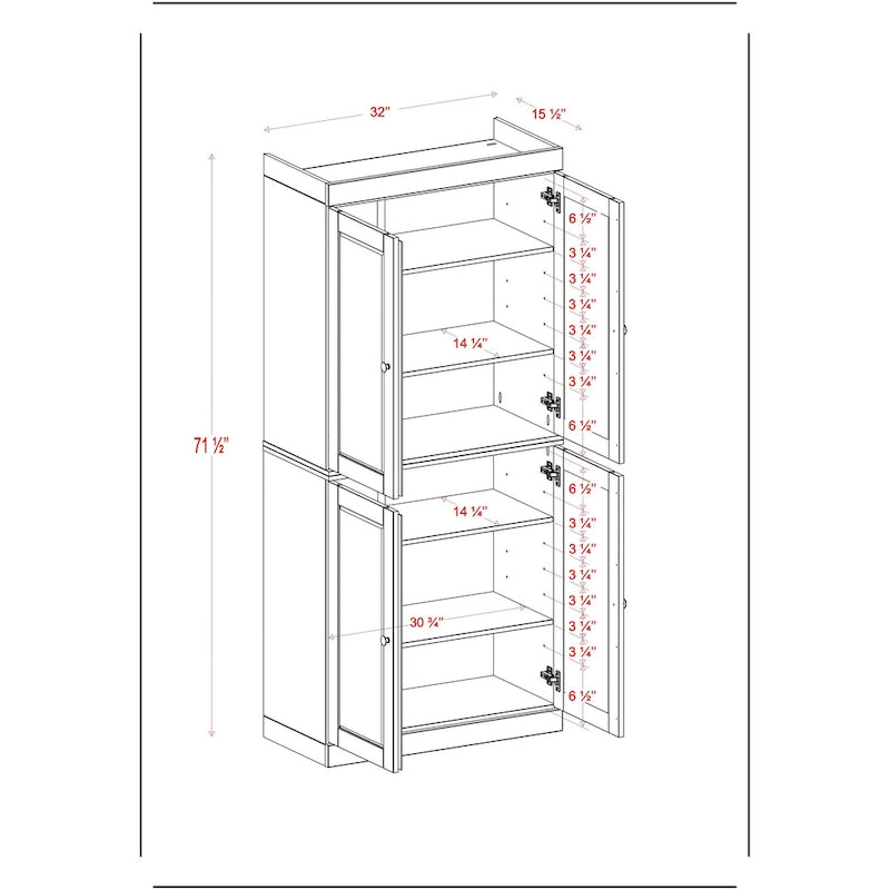 100% Solid Wood Pantry Cabinet with Frosted, Clear Glass or Solid Doors and Adjustable Shelves