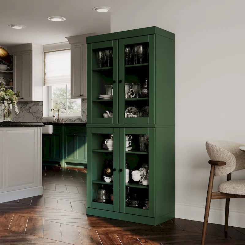 100% Solid Wood Pantry Cabinet with Frosted, Clear Glass or Solid Doors and Adjustable Shelves