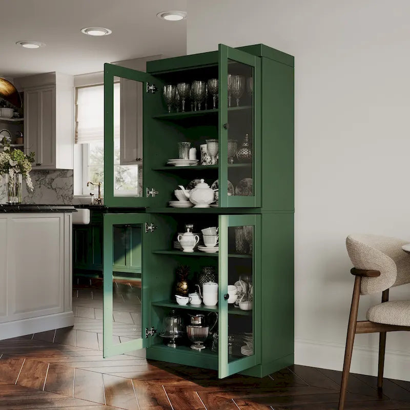 100% Solid Wood Pantry Cabinet with Frosted, Clear Glass or Solid Doors and Adjustable Shelves