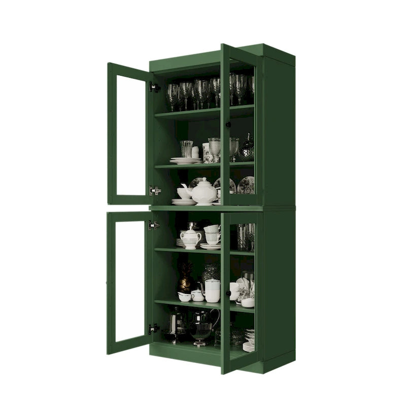 100% Solid Wood Pantry Cabinet with Frosted, Clear Glass or Solid Doors and Adjustable Shelves
