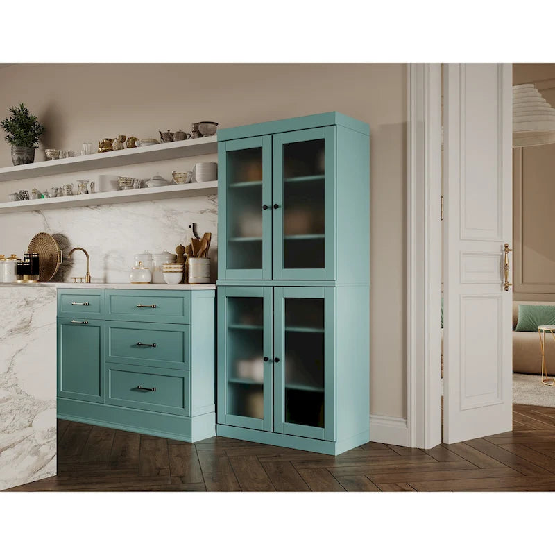 100% Solid Wood Pantry Cabinet with Frosted, Clear Glass or Solid Doors and Adjustable Shelves