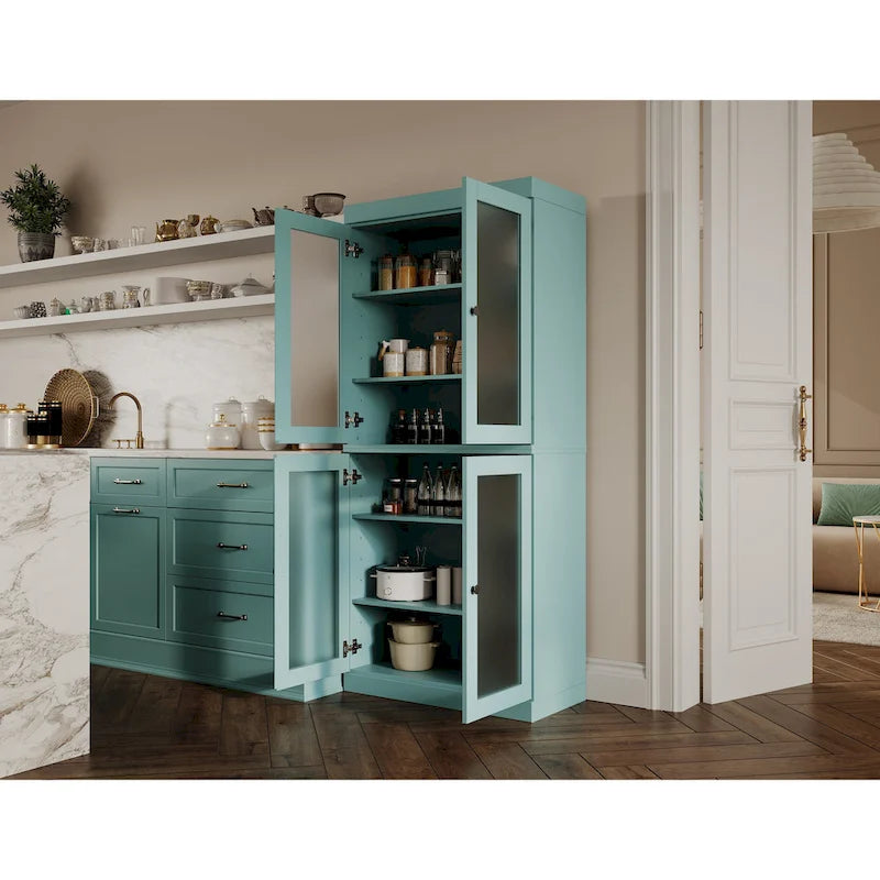 100% Solid Wood Pantry Cabinet with Frosted, Clear Glass or Solid Doors and Adjustable Shelves
