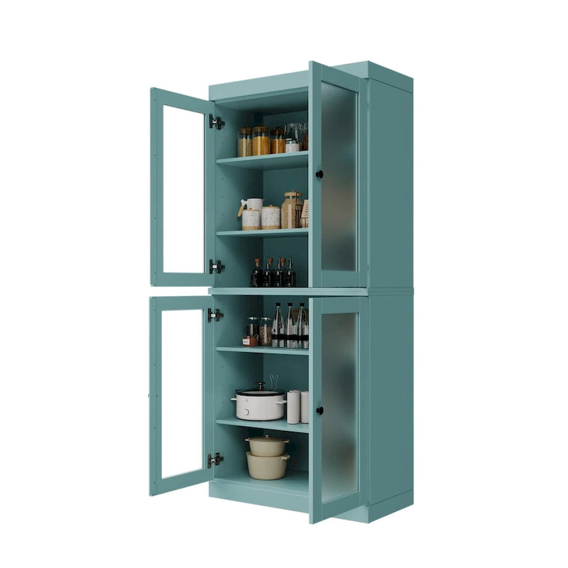 100% Solid Wood Pantry Cabinet with Frosted, Clear Glass or Solid Doors and Adjustable Shelves
