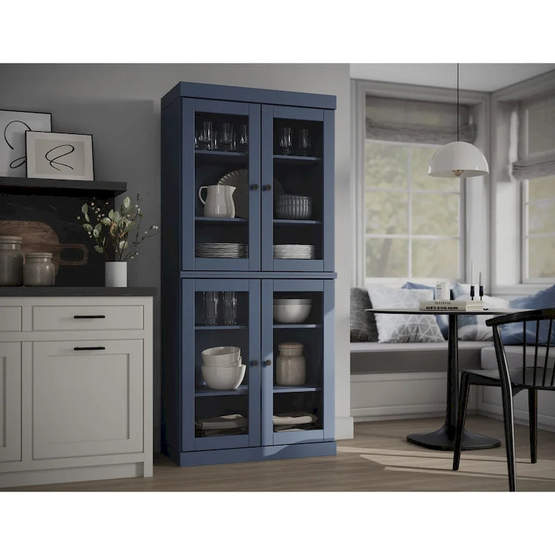 100% Solid Wood Pantry Cabinet with Frosted, Clear Glass or Solid Doors and Adjustable Shelves