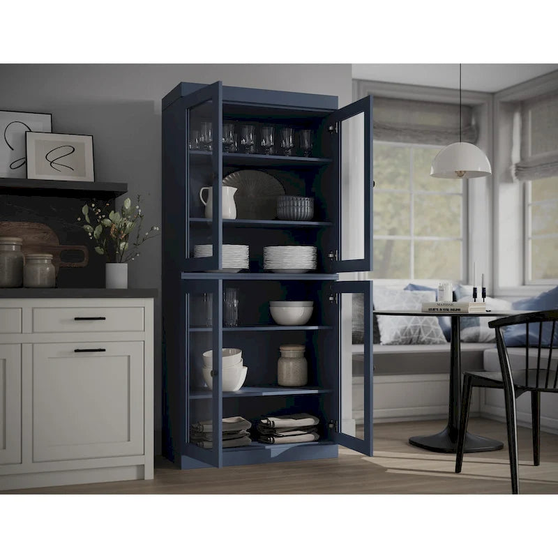 100% Solid Wood Pantry Cabinet with Frosted, Clear Glass or Solid Doors and Adjustable Shelves