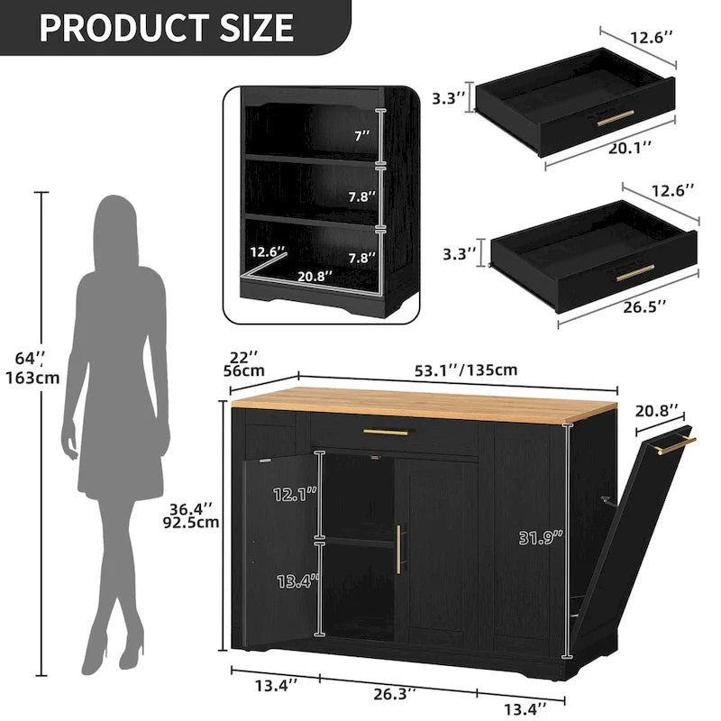 53-inch Rolling Kitchen Island Storage Cabinet Portable Mobile Kitchen Cart