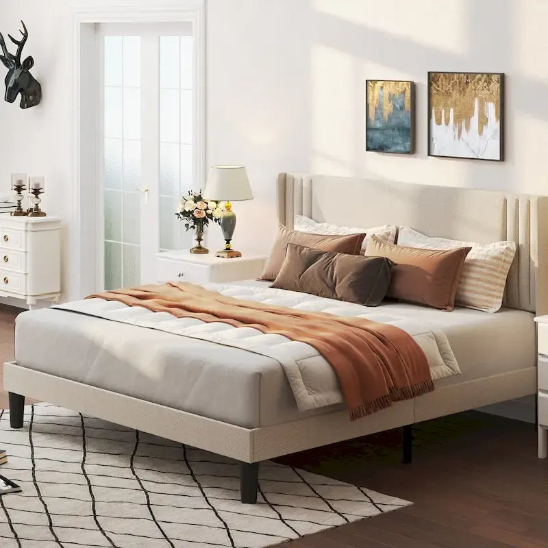 Queen/ Full Vertical Channels Upholstered Bed with Wingback Headboard