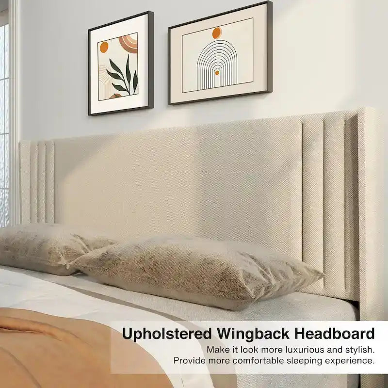 Queen/ Full Vertical Channels Upholstered Bed with Wingback Headboard