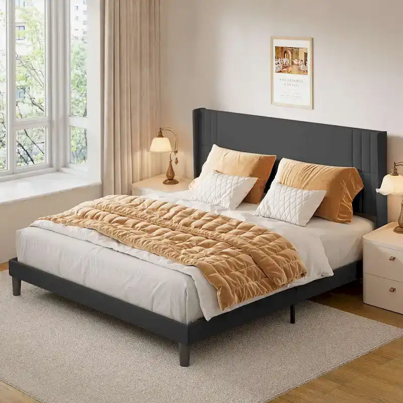 Queen/ Full Vertical Channels Upholstered Bed with Wingback Headboard