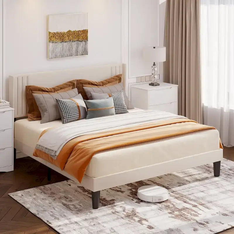 Queen/ Full Vertical Channels Upholstered Bed with Wingback Headboard