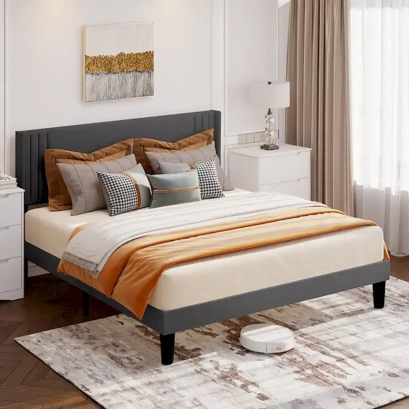 Queen/ Full Vertical Channels Upholstered Bed with Wingback Headboard