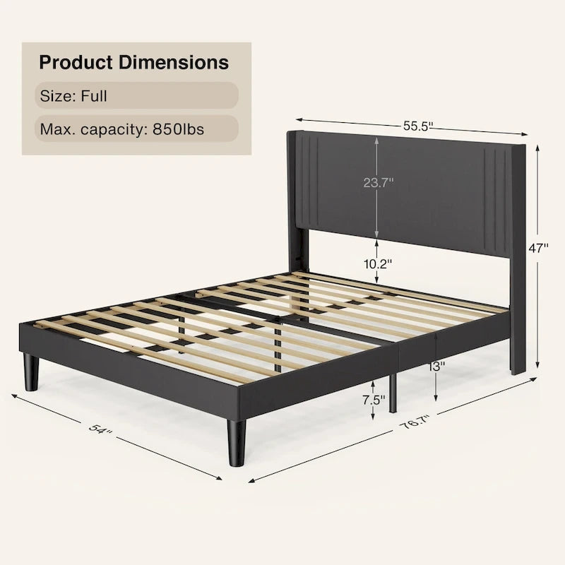 Queen/ Full Vertical Channels Upholstered Bed with Wingback Headboard