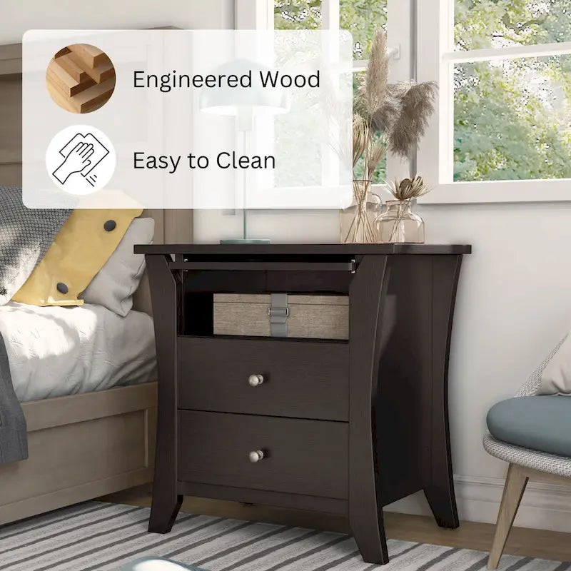 Transitional Wood 2-Drawer Nightstand with Shelf