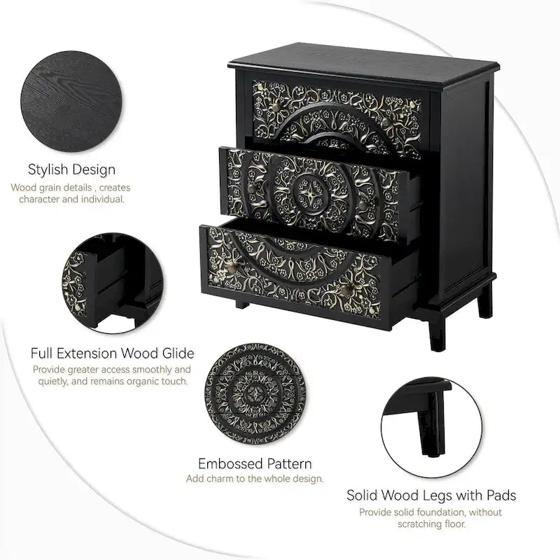 Farmhouse Fully-Assembled Nightstand with 2-Drawer, Flower Motif End Table for Small Spaces, French Country