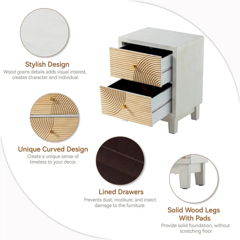 3-DrawerFarmhouseDresserwith Handicraft Wood Ring Motif, Rustic Nightstand Wooden Finish, Boho, Natural Wood
