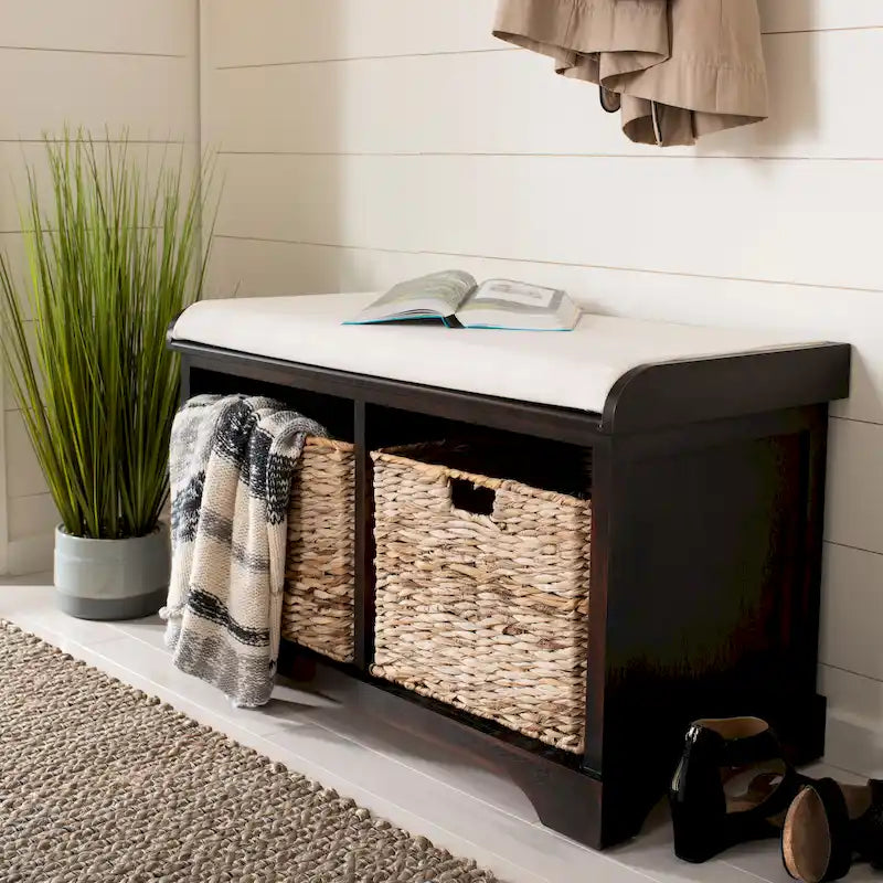 Brown Woven Storage Basket Bench - 33.5 x 16.1 x 19.9 - 34Wx16Dx20H