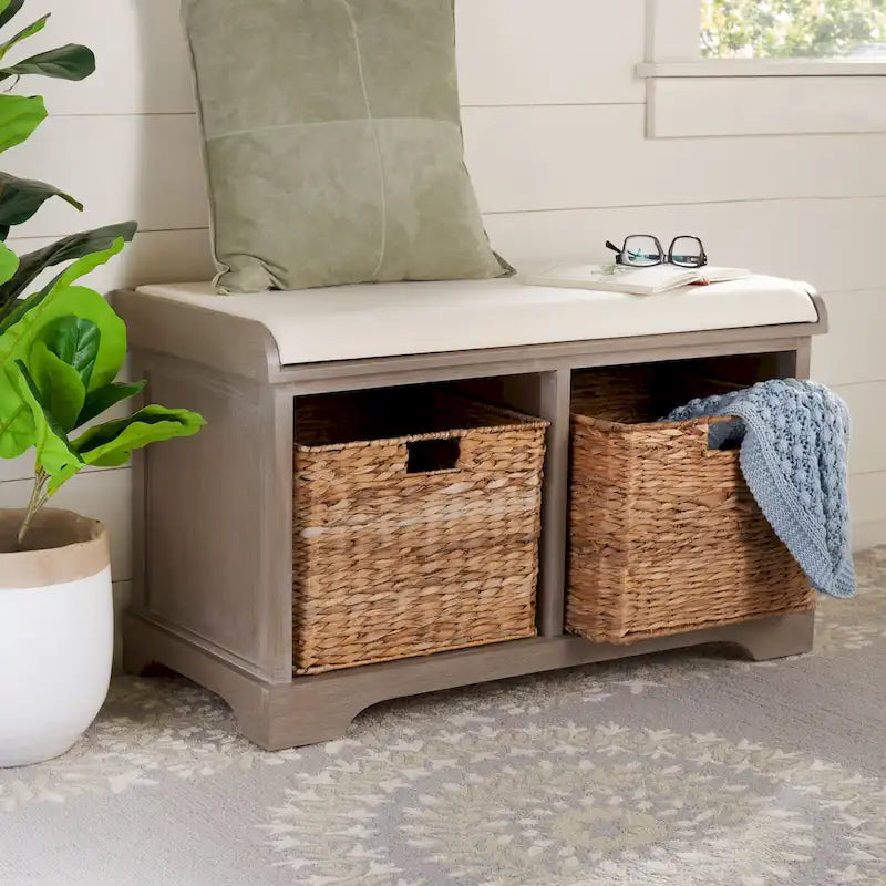 Brown Woven Storage Basket Bench - 33.5 x 16.1 x 19.9 - 34Wx16Dx20H