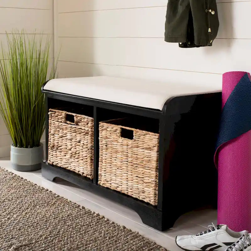 Brown Woven Storage Basket Bench - 33.5 x 16.1 x 19.9 - 34Wx16Dx20H