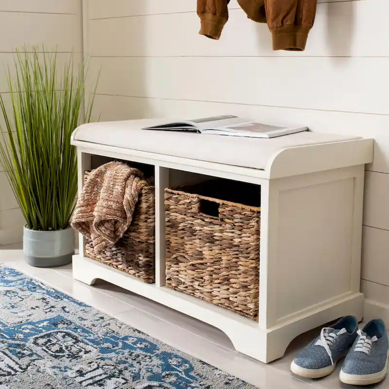 Brown Woven Storage Basket Bench - 33.5 x 16.1 x 19.9 - 34Wx16Dx20H