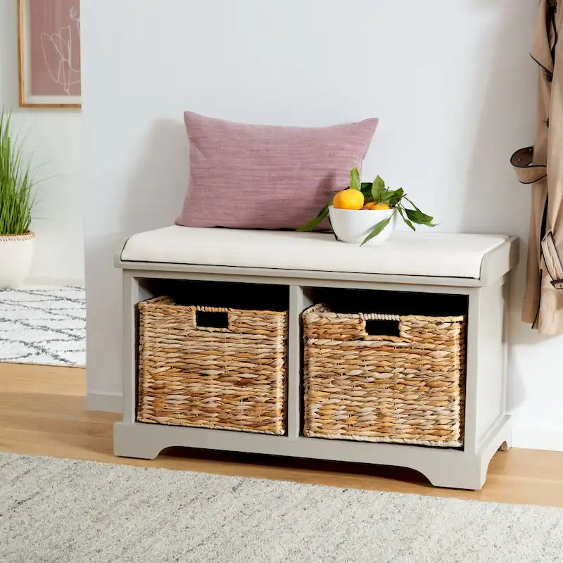 Brown Woven Storage Basket Bench - 33.5 x 16.1 x 19.9 - 34Wx16Dx20H