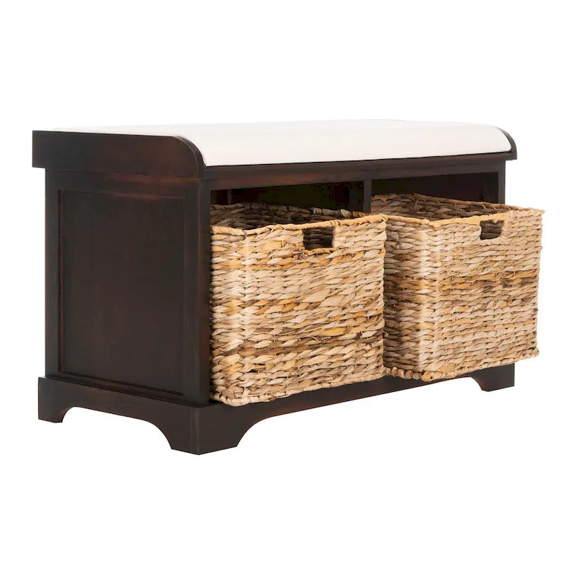 Brown Woven Storage Basket Bench - 33.5 x 16.1 x 19.9 - 34Wx16Dx20H
