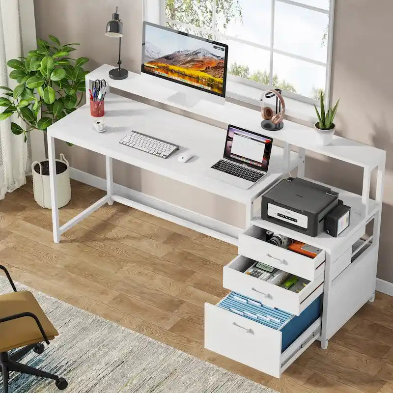 63 Computertisch mit Monitoraufsatz, ergonomischer Home-Office-Schreibtisch mit Schubladen und Aktenschrank