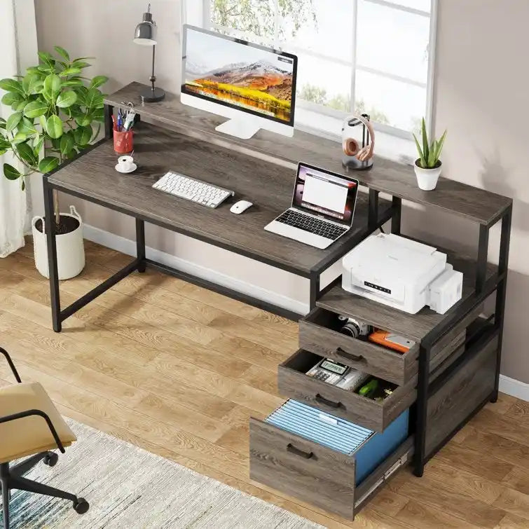 63 Computertisch mit Monitoraufsatz, ergonomischer Home-Office-Schreibtisch mit Schubladen und Aktenschrank