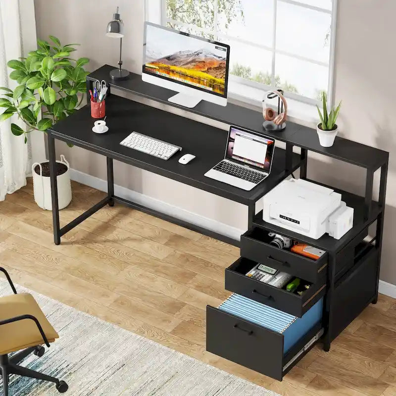63 Computertisch mit Monitoraufsatz, ergonomischer Home-Office-Schreibtisch mit Schubladen und Aktenschrank