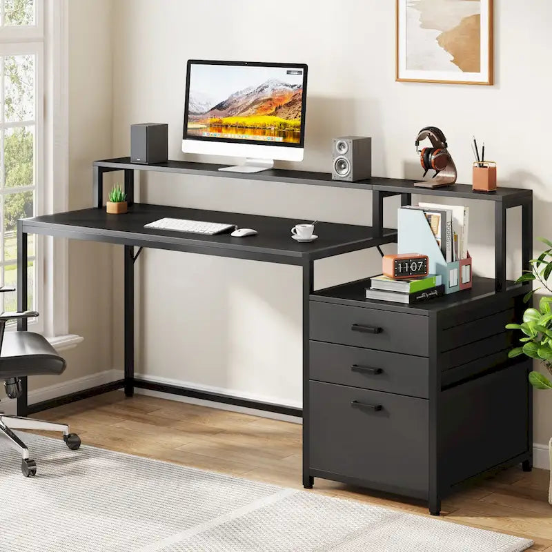 63 Computer Desk with Monitor Stand, Ergonomic Home Office Desks with Drawers File Cabinet