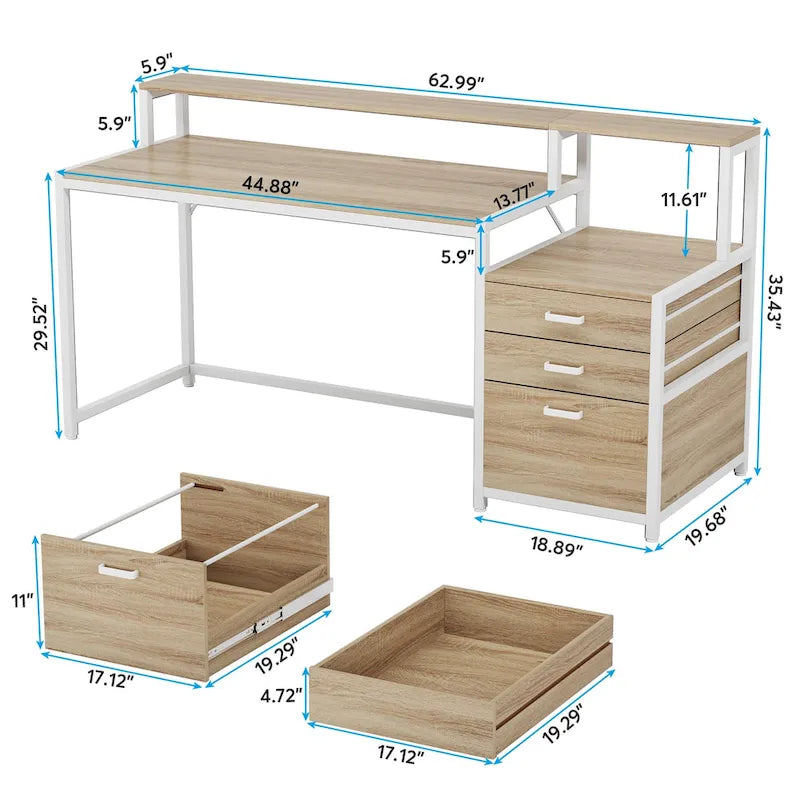 63 Computer Desk with Monitor Stand, Ergonomic Home Office Desks with Drawers File Cabinet