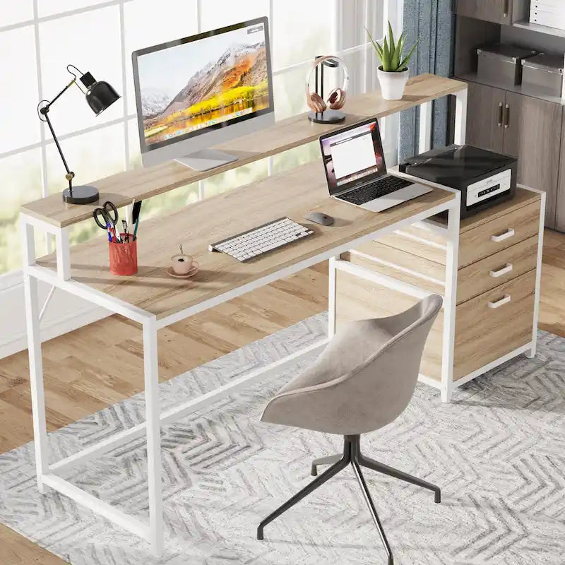 63 Computer Desk with Monitor Stand, Ergonomic Home Office Desks with Drawers File Cabinet