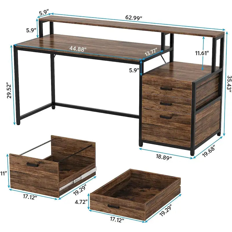 63 Computer Desk with Monitor Stand, Ergonomic Home Office Desks with Drawers File Cabinet