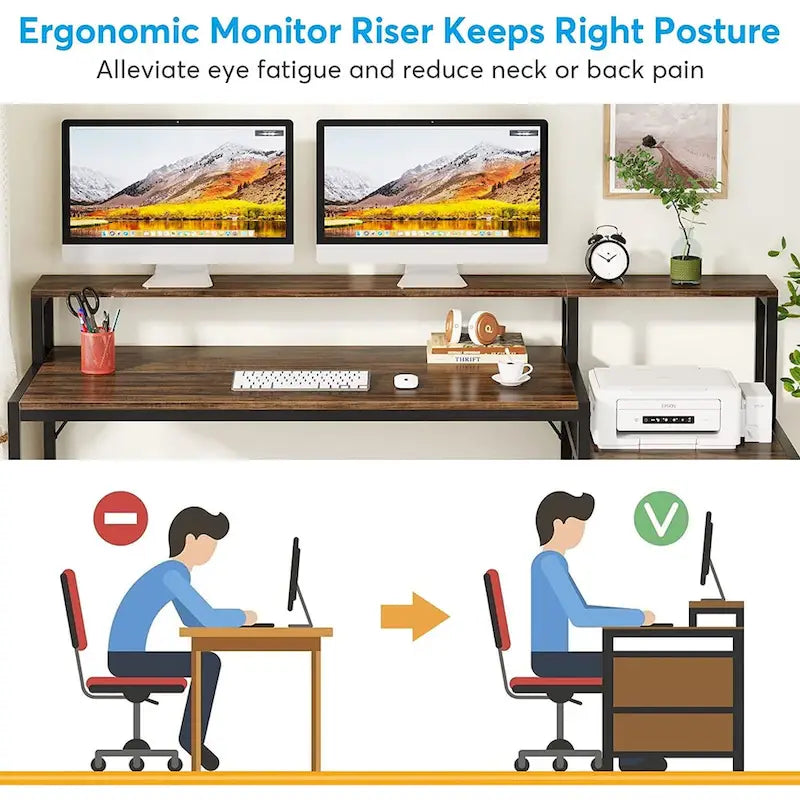 63 Computer Desk with Monitor Stand, Ergonomic Home Office Desks with Drawers File Cabinet