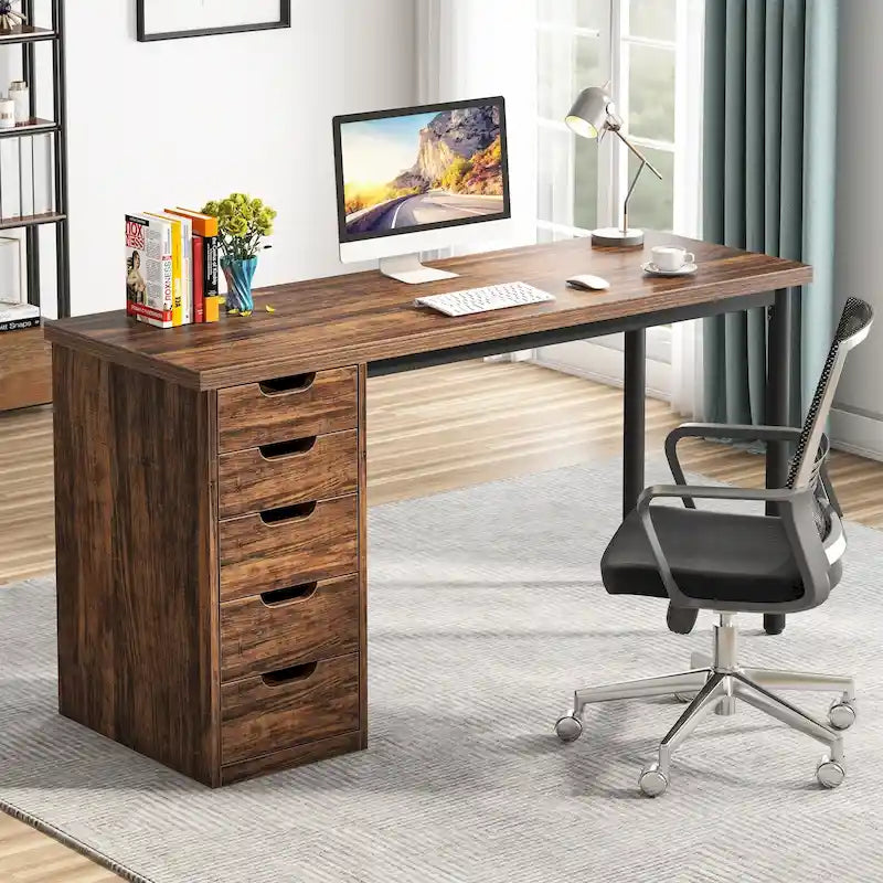 47-Zoll Computertisch mit 5 Schubladen, Schreibtisch aus Holz und Metall für Arbeitszimmer und Wohnzimmer