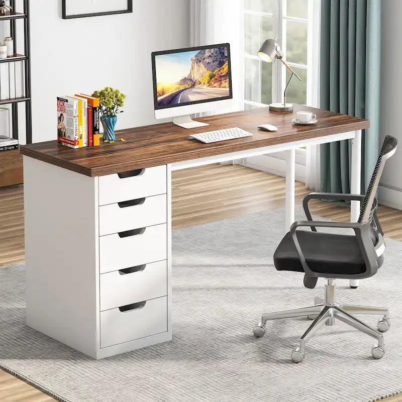 47-Zoll Computertisch mit 5 Schubladen, Schreibtisch aus Holz und Metall für Arbeitszimmer und Wohnzimmer