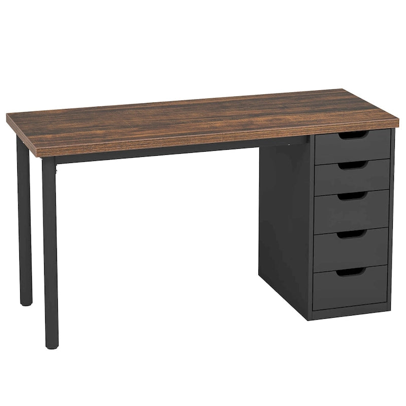 47-inch Computer Desk with 5-drawer, Wood and Metal Writing Desk for Study Living Room