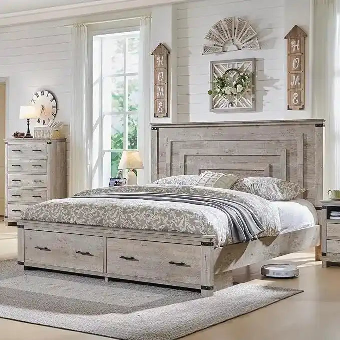 Farmhouse Queen Size Bed Frame w/ 54 Tall Headboard & 2 Large Drawers