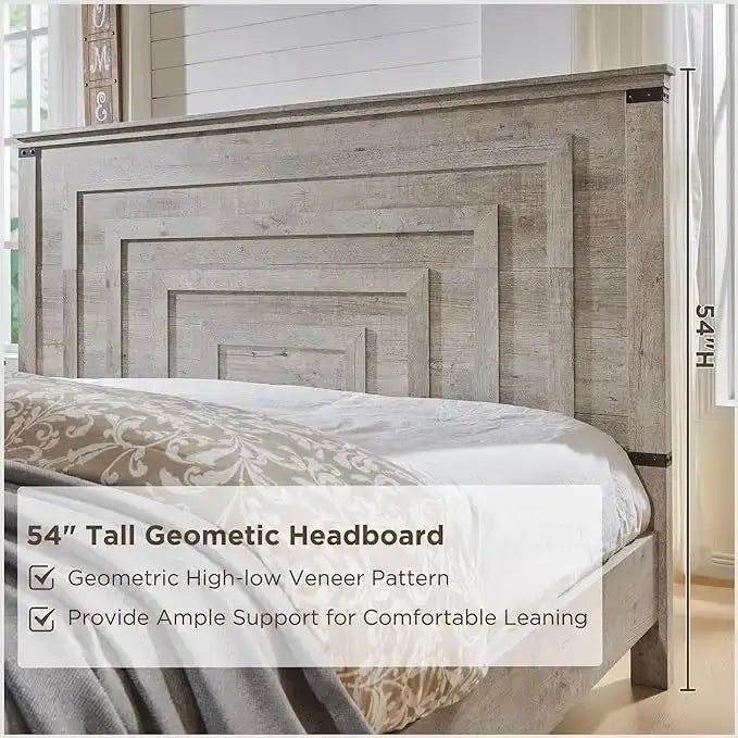 Farmhouse Queen Size Bed Frame w/ 54 Tall Headboard & 2 Large Drawers