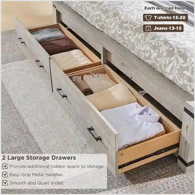 Farmhouse Queen Size Bed Frame w/ 54 Tall Headboard & 2 Large Drawers