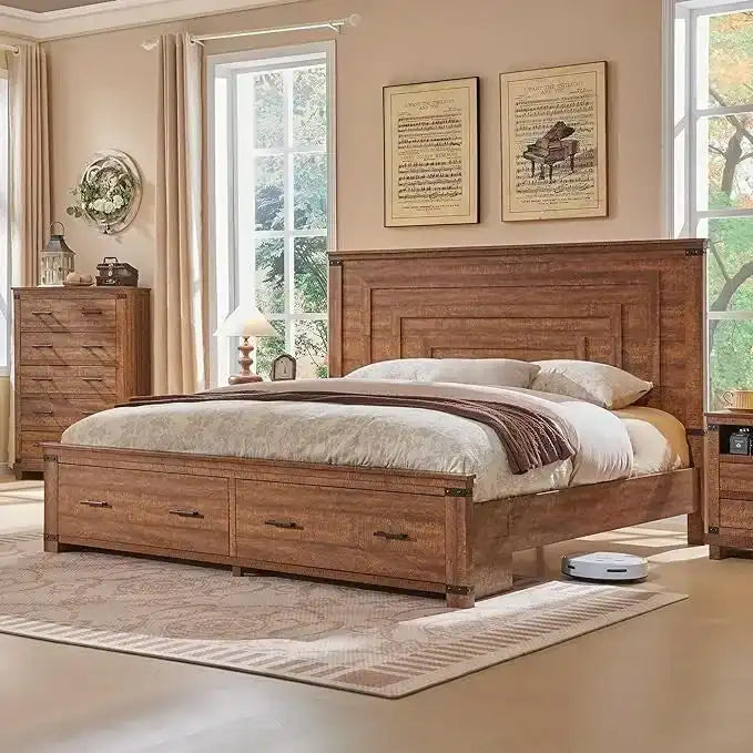 Farmhouse Queen Size Bed Frame w/ 54 Tall Headboard & 2 Large Drawers