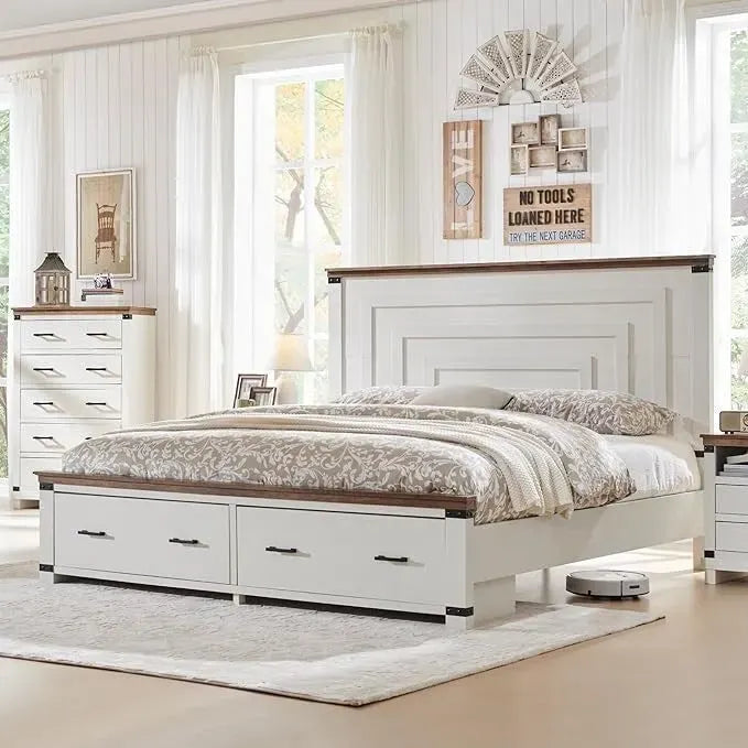 Farmhouse Queen Size Bed Frame w/ 54 Tall Headboard & 2 Large Drawers