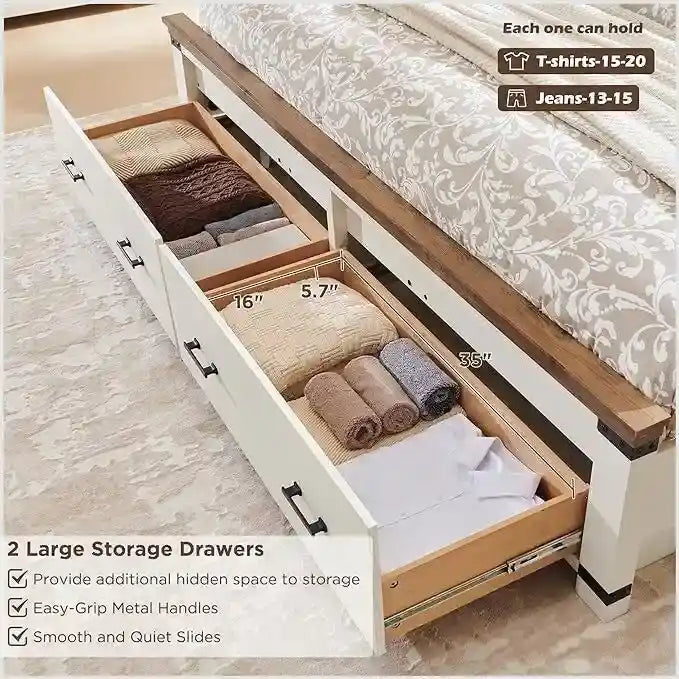Farmhouse Queen Size Bed Frame w/ 54 Tall Headboard & 2 Large Drawers