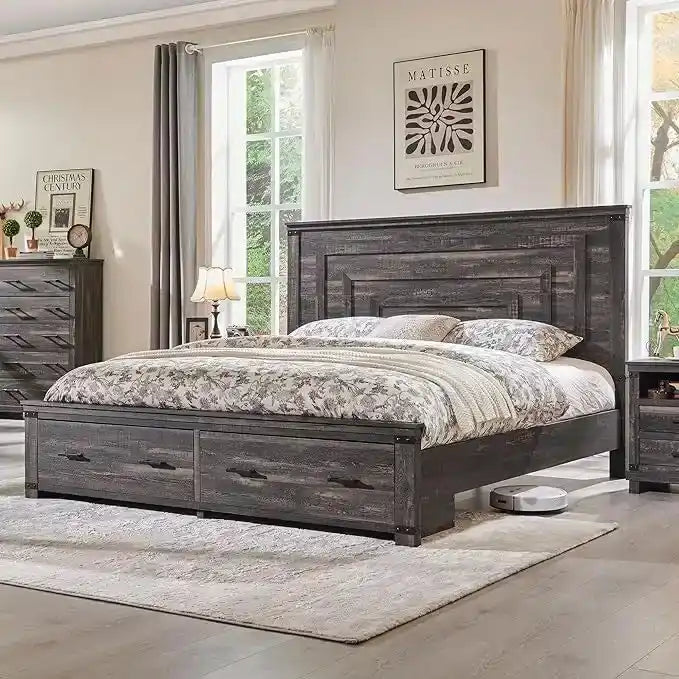 Farmhouse Queen Size Bed Frame w/ 54 Tall Headboard & 2 Large Drawers