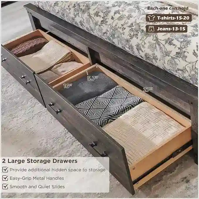 Farmhouse Queen Size Bed Frame w/ 54 Tall Headboard & 2 Large Drawers