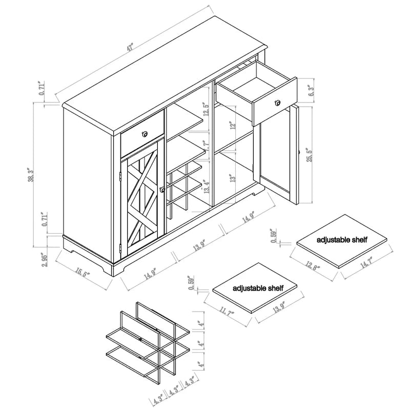47 in. Modern X-Door Wine Cabinet w/ Built-in Wine Rack - 47 in Width