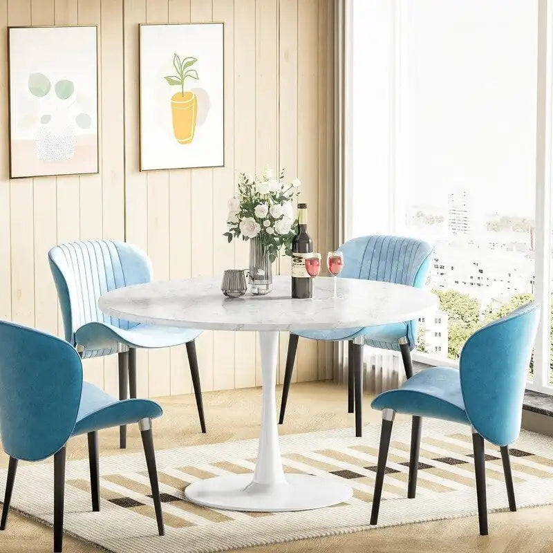 Mid-Century Modern Round Kitchen or Dining Table with Premium MDF Top and Steel Pedestal Base for Dining Room